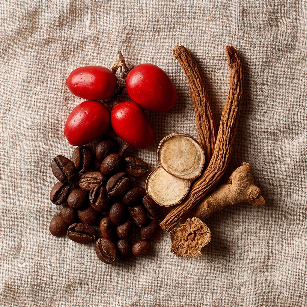 Kaffeebohnen, Guarana, Ginseng und Reishi auf Leinen